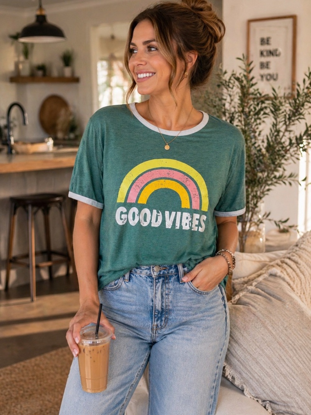 Teal 'Good Vibes' Rainbow Tee